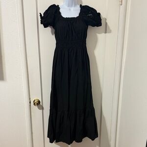 H&M Black Midi Cotton Dress with Embroidered Puff Sleeves